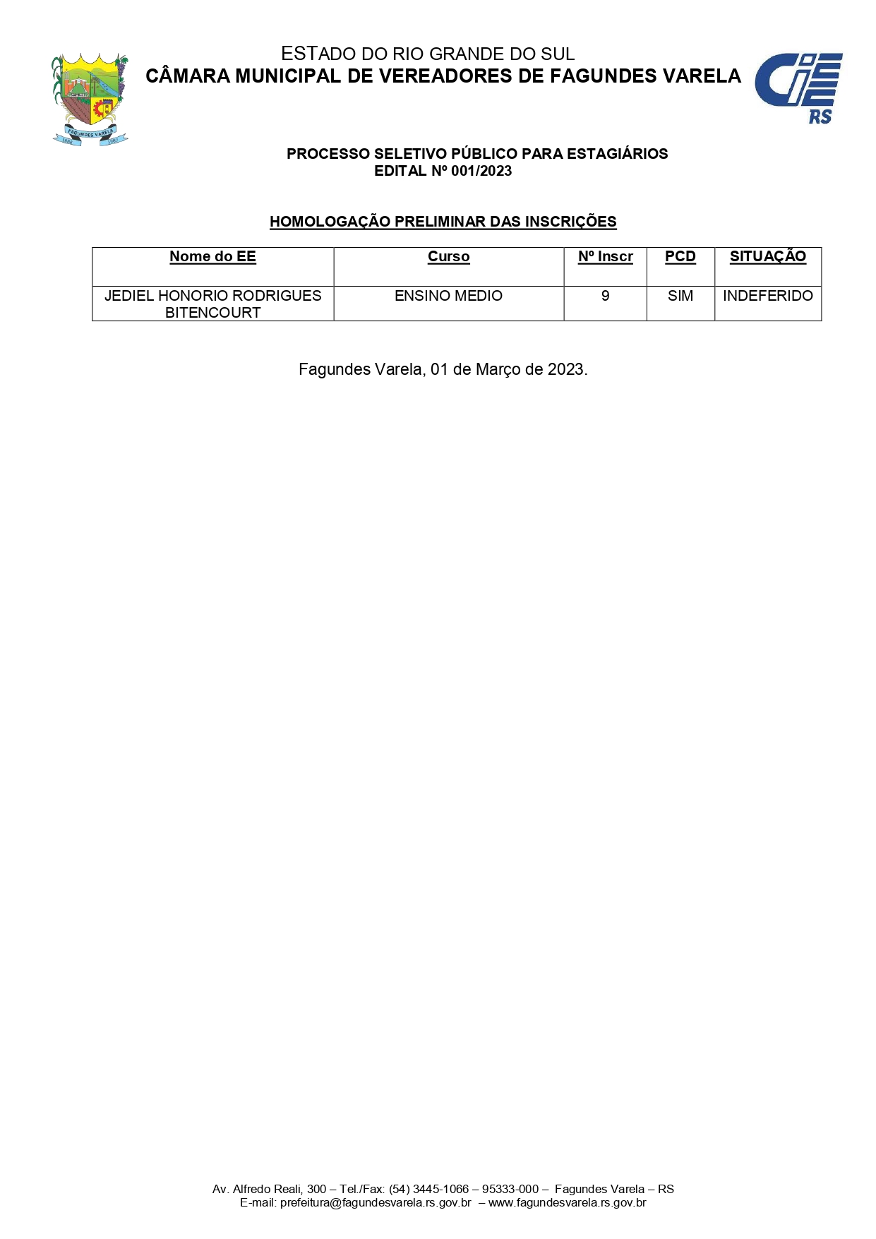 INSCRITOS PCD'S- PROCESSO SELETIVO QUE VISA A CONTRATAÇÃO DE ESTAGIÁRIOS NÍVEL MÉDIO