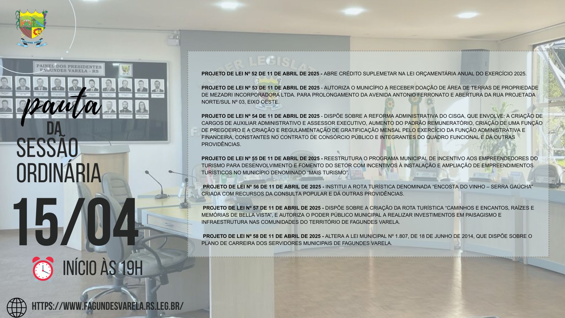 PAUTA DA SESSÃO ORDINÁRIA DO DIA 15/04/2025