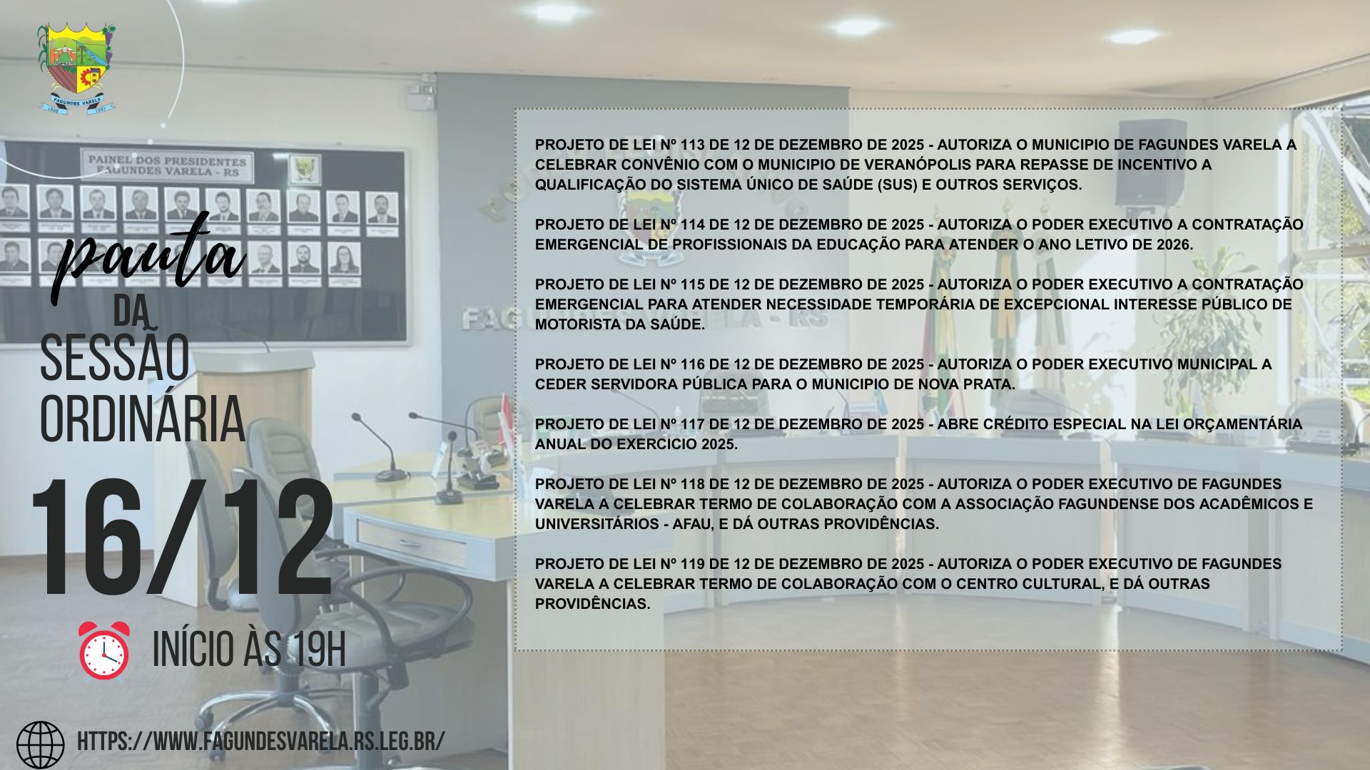 PAUTA DA SESSÃO ORDINÁRIA DO DIA 16/12/2025