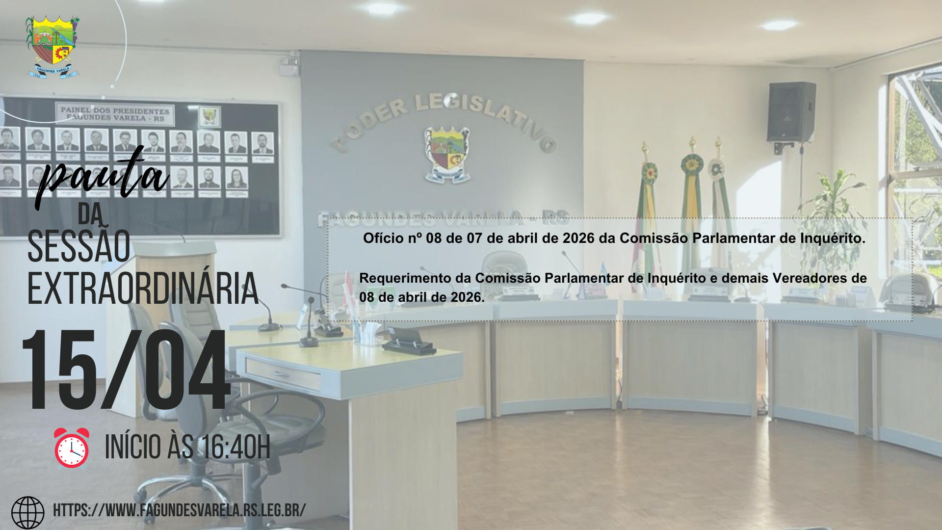 PAUTA DA SESSÃO EXTRAORDINÁRIA DO DIA 15/04/2026