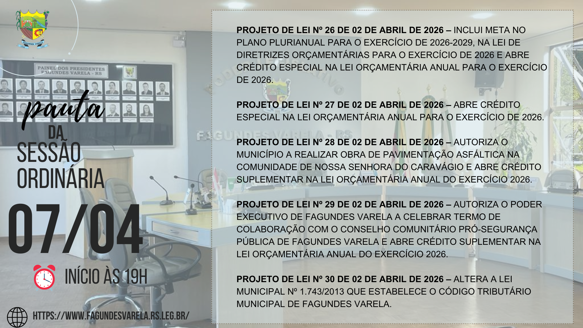 PAUTA DA SESSÃO ORDINÁRIA DO DIA 07/04/2026