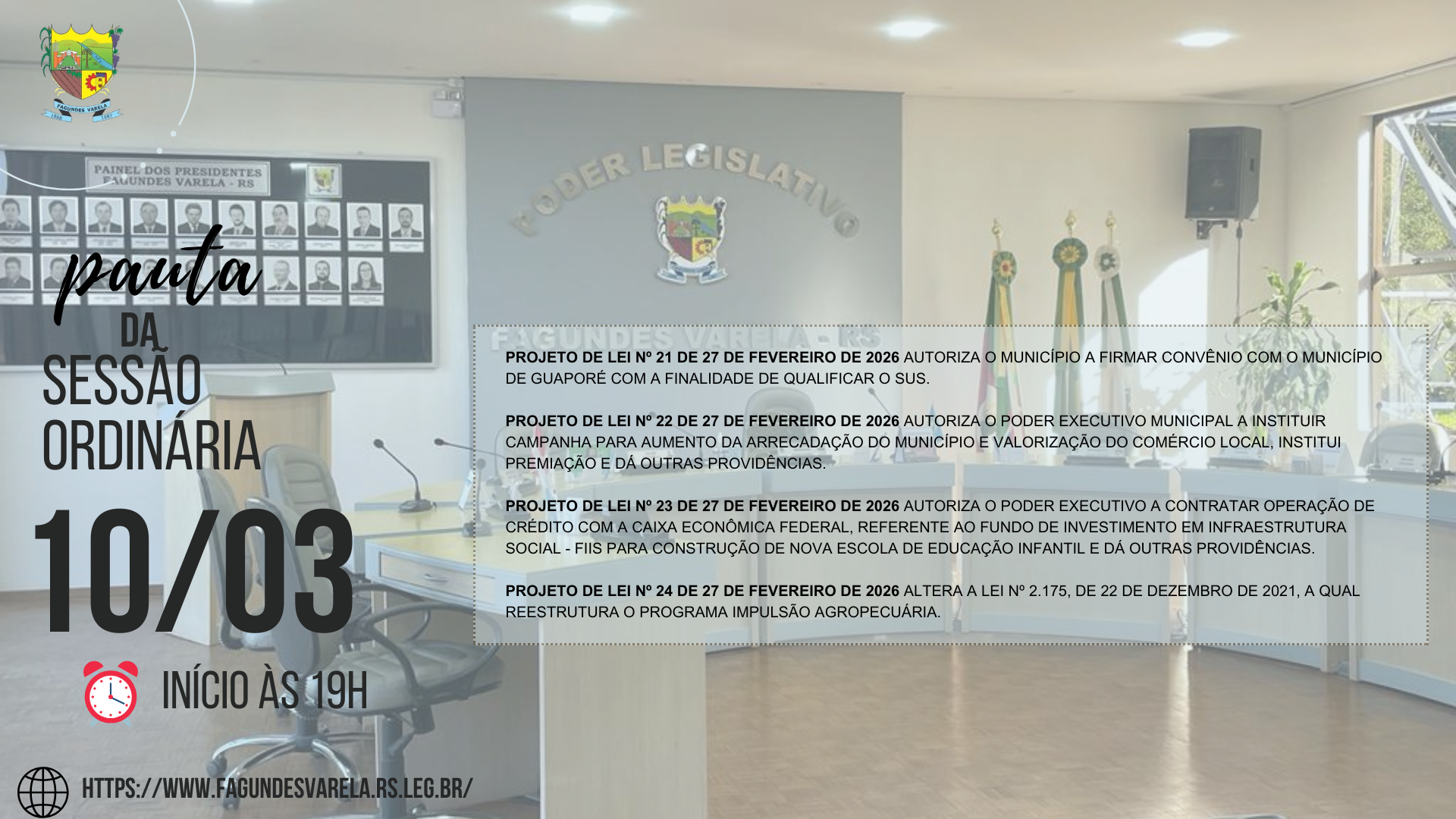 PAUTA DA SESSÃO ORDINÁRIA DO DIA 10/03/2026