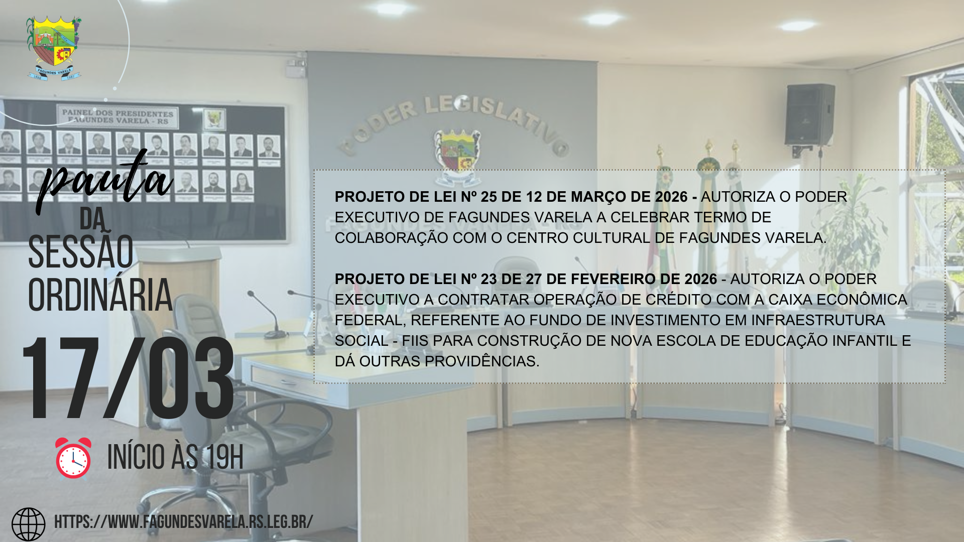 PAUTA DA SESSÃO ORDINÁRIA DO DIA 17/03/2026